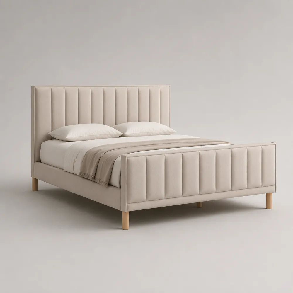 Letto matrimoniale imbottito in poliestere beige con rete a doghe, 171 x 215 x 120 cm, per materasso 160 x 200 cm