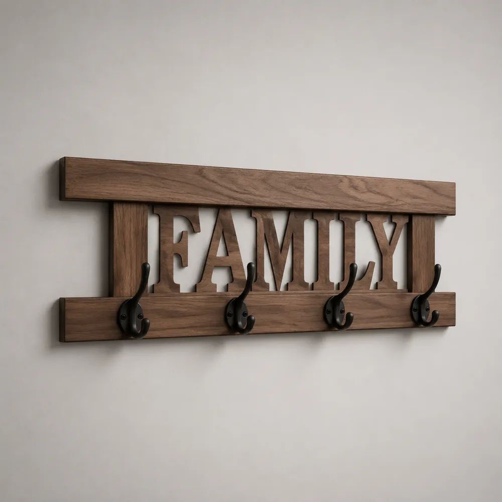 Appendiabiti da parete in pino massello con scritta FAMILY, 4 ganci doppi, marrone noce e nero, 80 × 6 × 35 cm