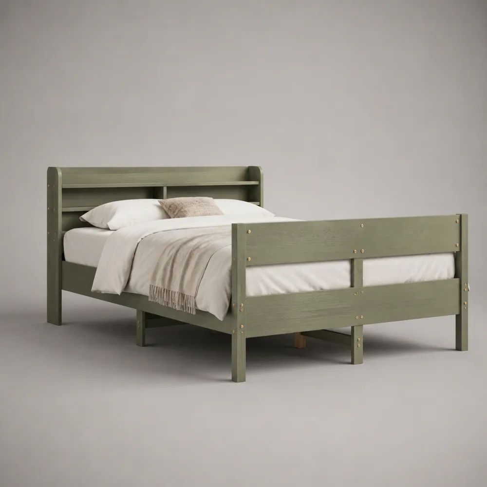 Letto matrimoniale 160 × 200 cm in pino massello verde salvia con testiera a ripiani, 169 × 210 × 110 cm