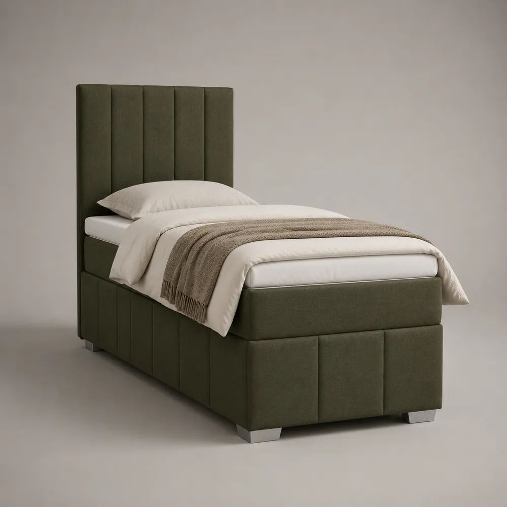 Letto singolo imbottito 90 x 190 cm in poliestere verde oliva con testiera alta, 205 x 101 x 132 cm