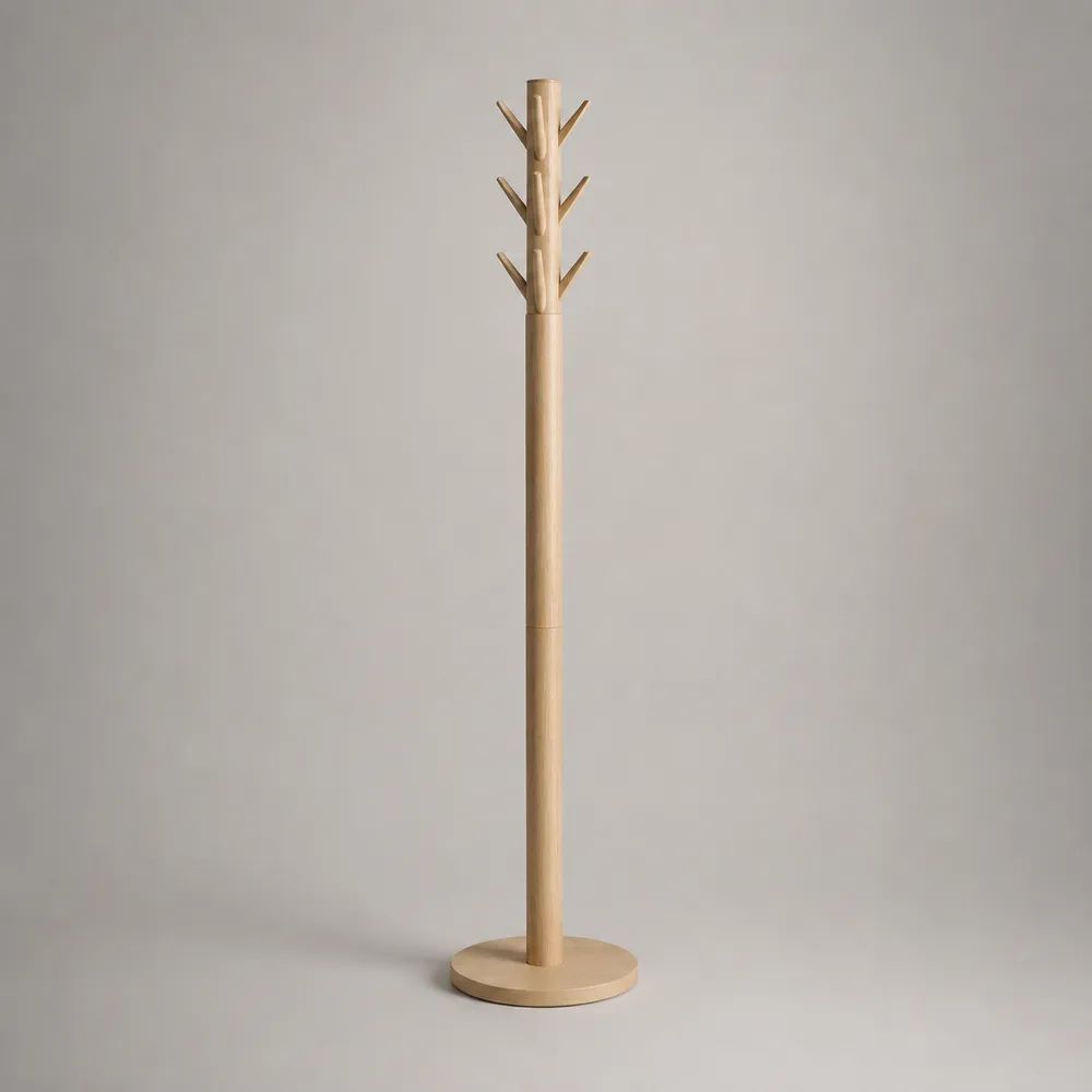 Appendiabiti da terra in legno massello di faggio con 6 ganci e base rotonda, naturale, 175 × 40 × 40 cm
