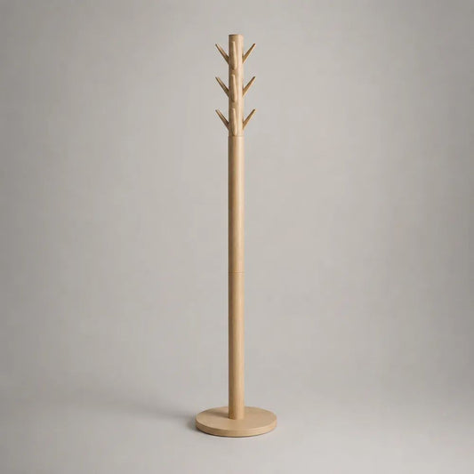 Appendiabiti da terra in legno massello di faggio con 6 ganci e base rotonda, naturale, 175 × 40 × 40 cm