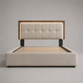 Letto matrimoniale rettangolare imbottito in tessuto con LED e rete a doghe, beige e marrone, per materasso 160 × 200 cm, 174 × 215 × 120 cm