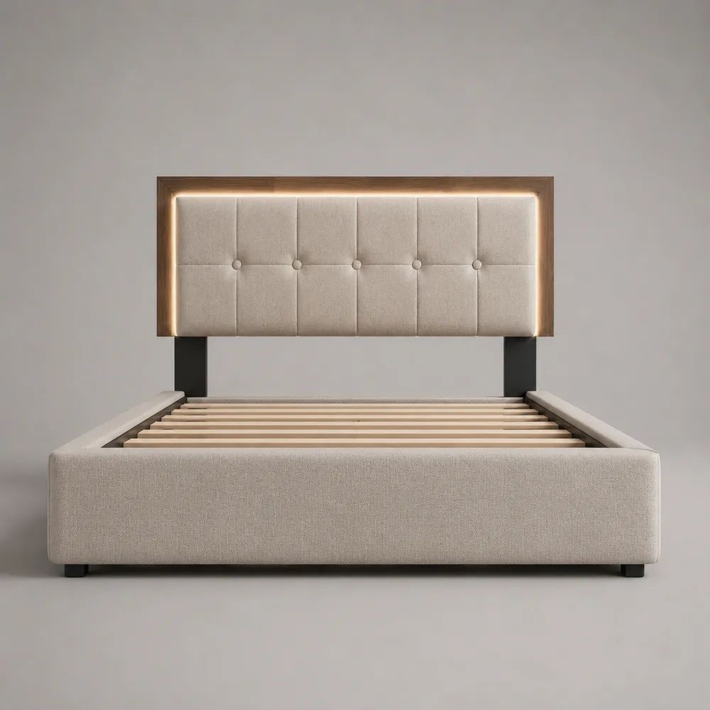 Letto matrimoniale rettangolare imbottito in tessuto con LED e rete a doghe, beige e marrone, per materasso 160 × 200 cm, 174 × 215 × 120 cm