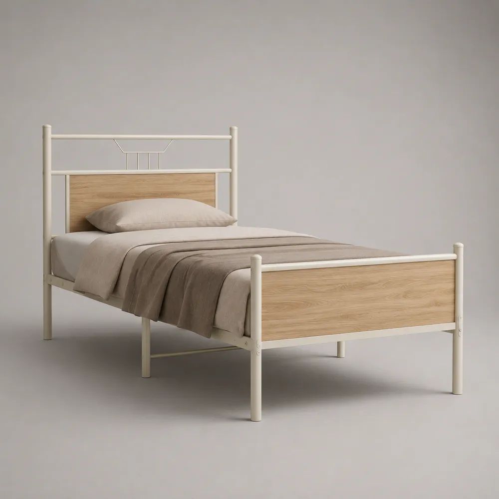 Letto singolo rettangolare 96 x 206 x 100 cm per materasso 90 x 200 cm in acciaio e MDF, avorio e rovere naturale