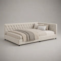 Letto matrimoniale imbottito 180 x 200 cm in bouclé di poliestere con testiera angolare capitonné avorio, dimensioni 225 x 205 x 95 cm