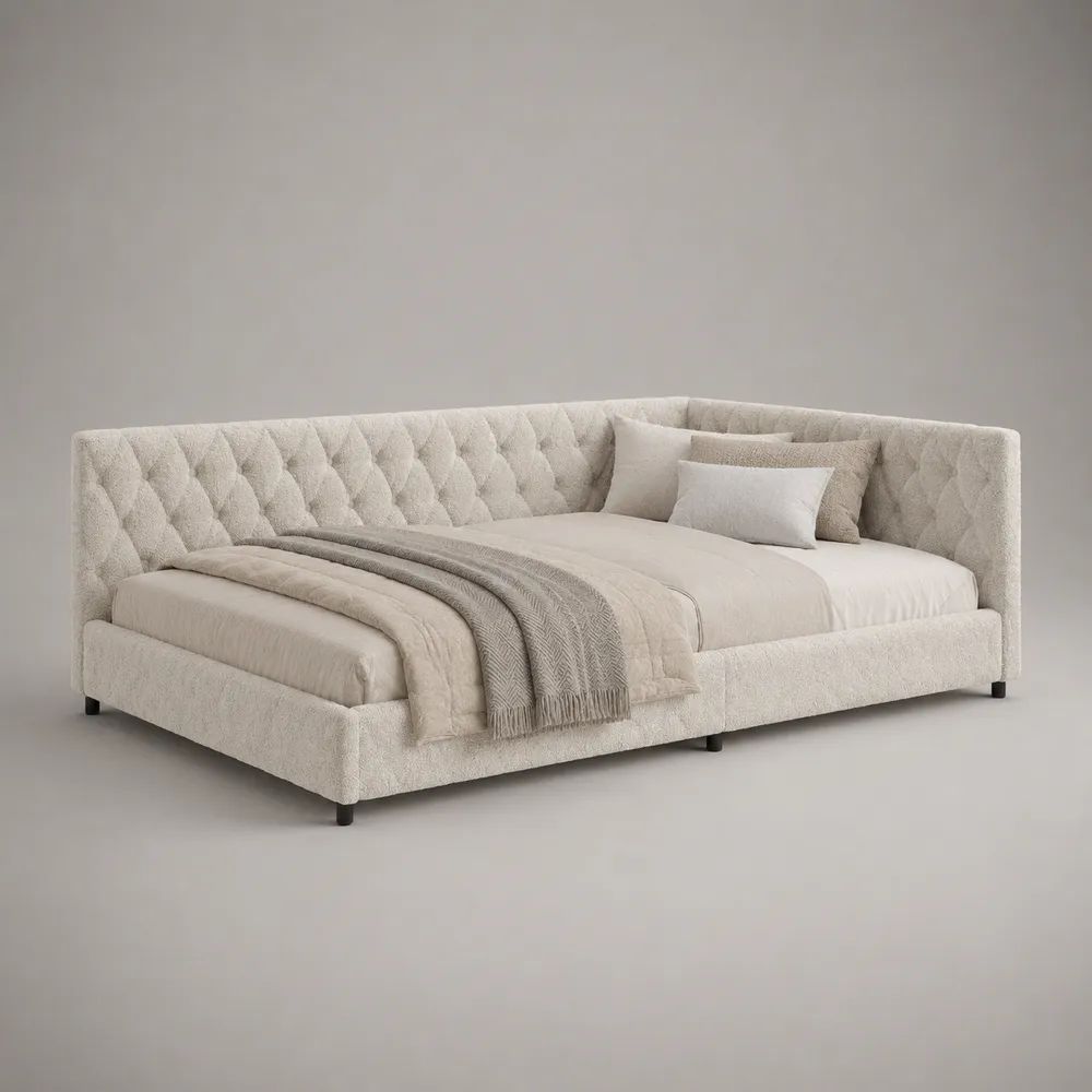 Letto matrimoniale imbottito 180 x 200 cm in bouclé di poliestere con testiera angolare capitonné avorio, dimensioni 225 x 205 x 95 cm