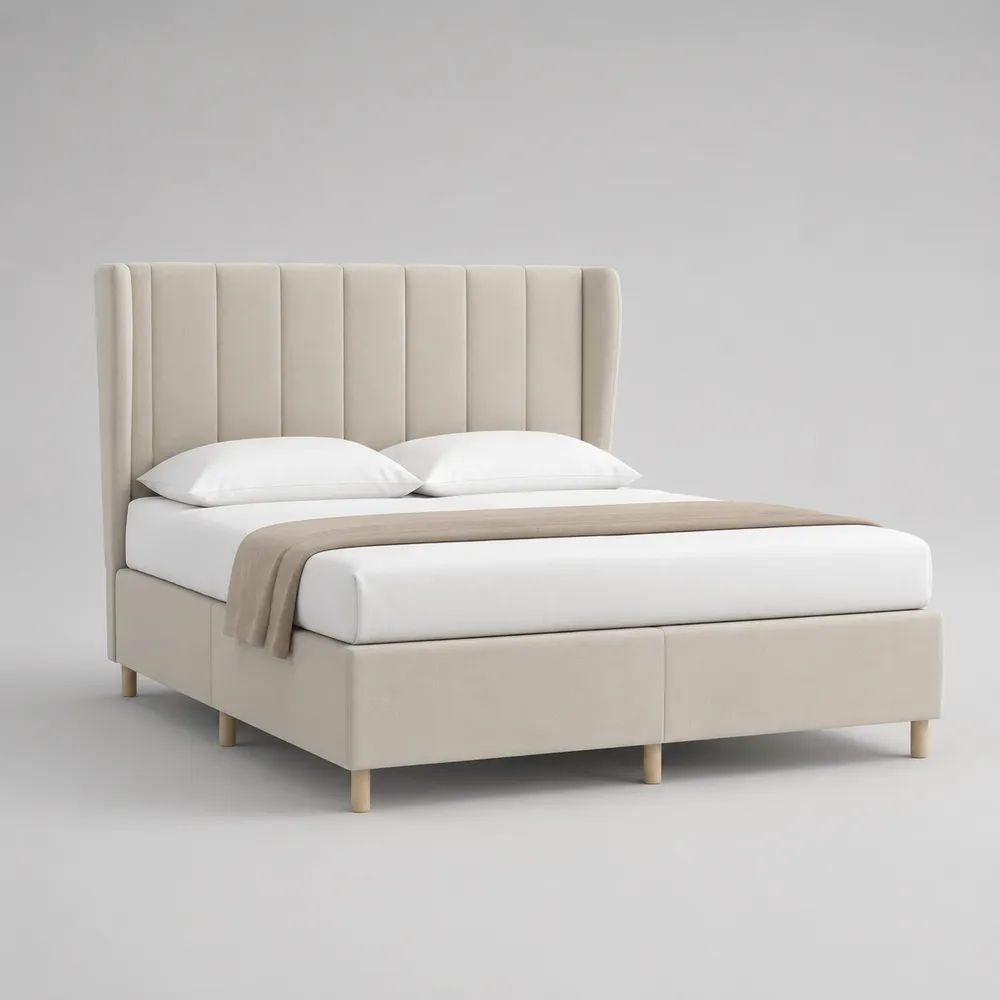 Letto matrimoniale imbottito beige in poliestere, 176 x 218 x 120 cm, per materasso 160 x 200 cm, con testiera alta a pannelli verticali