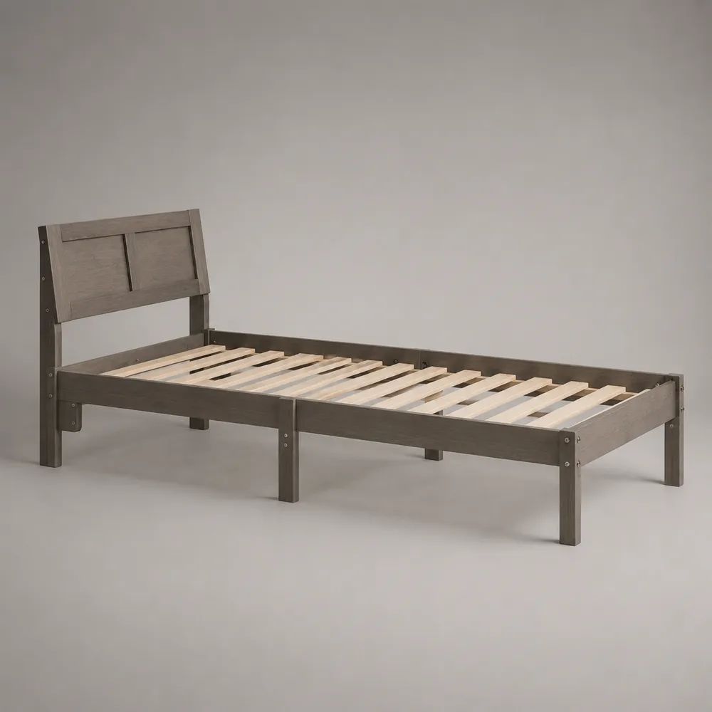 Letto singolo in legno massello con rete a doghe, grigio e naturale, 97 × 208 × 90 cm, per materasso 90 × 200 cm