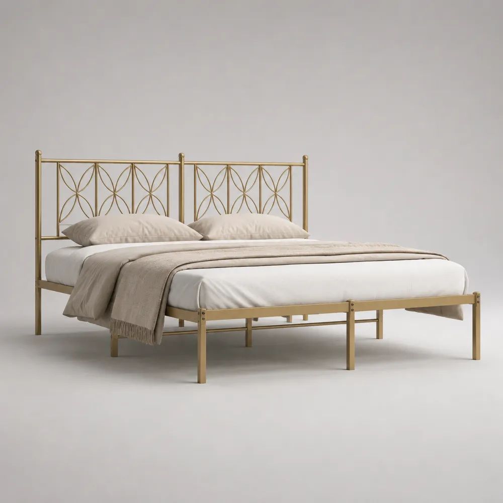 Letto matrimoniale rettangolare in acciaio color ottone 208 × 166 × 110 cm, con testiera decorativa, per materasso 160 × 200 cm