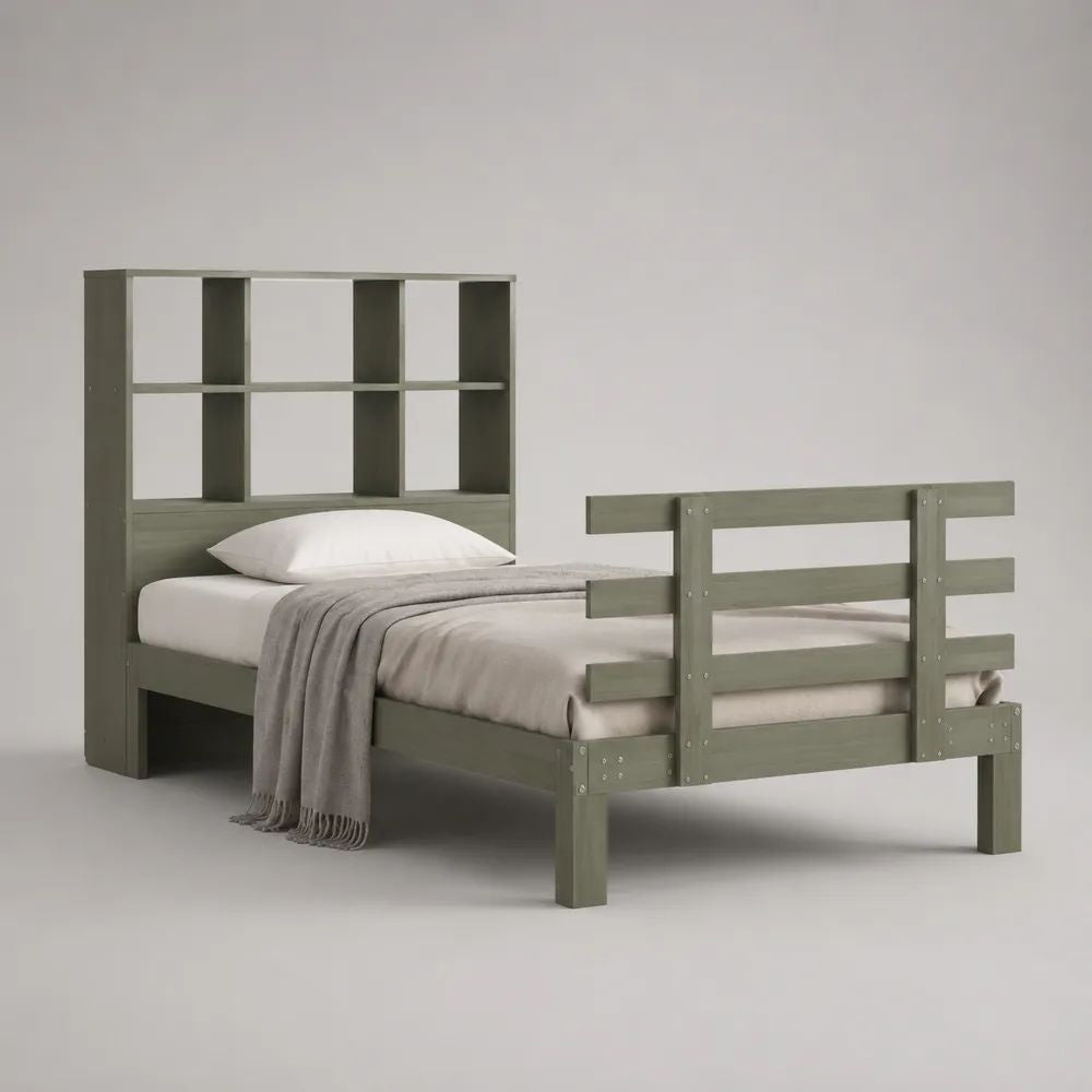 Letto singolo a piattaforma 90 × 190 cm in pino massello verde salvia con testiera libreria, rete a doghe e sponde rialzate