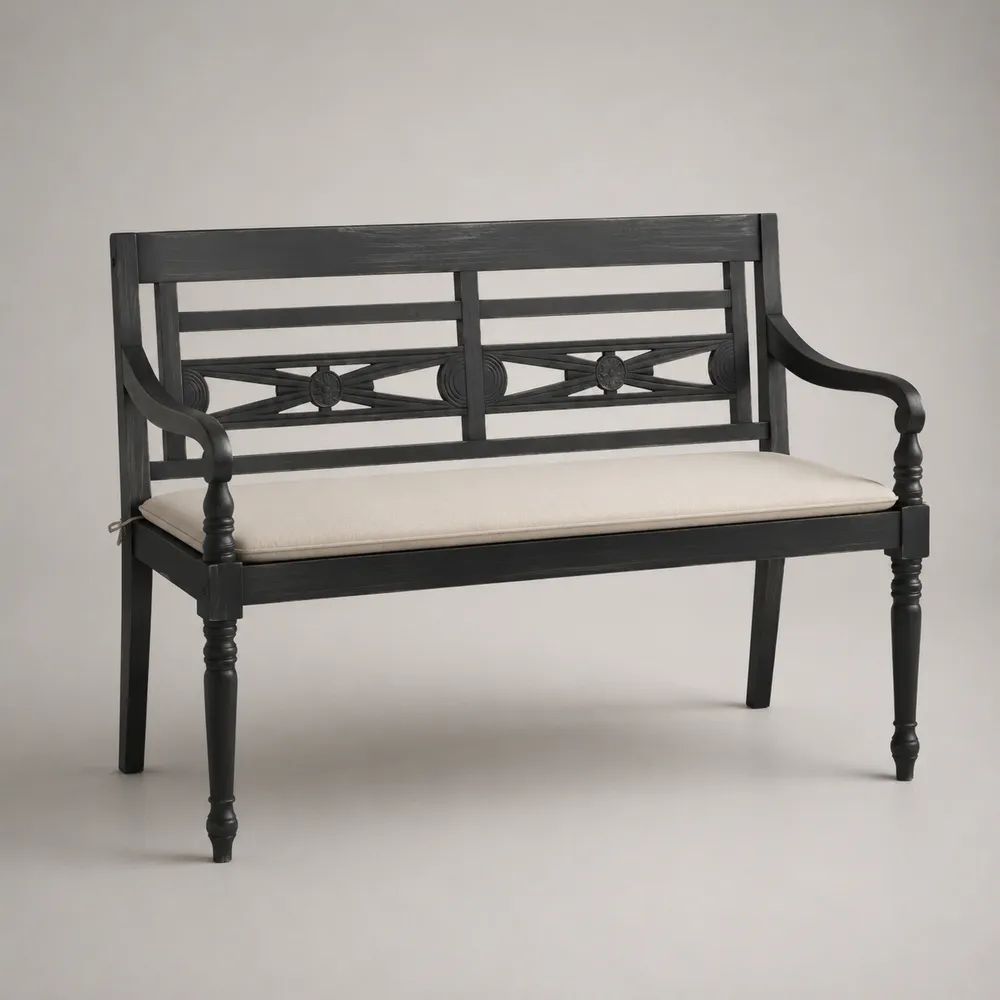 Panca da esterno a 2 posti in legno massello nero con cuscino crema, 120 x 55 x 90 cm