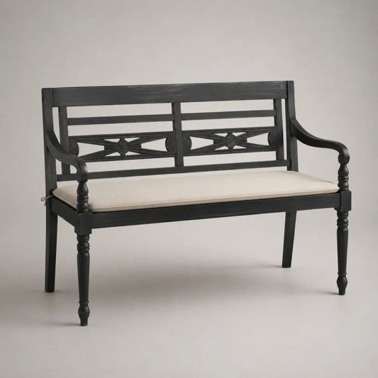 Panca da esterno a 2 posti in legno massello nero con cuscino crema, 120 x 55 x 90 cm