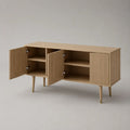 Mobile TV in legno con 3 ante scanalate e ripiani interni, rovere naturale, 150 x 40 x 75 cm