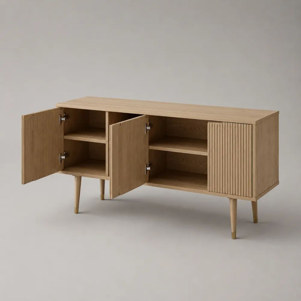 Mobile TV in legno con 3 ante scanalate e ripiani interni, rovere naturale, 150 x 40 x 75 cm