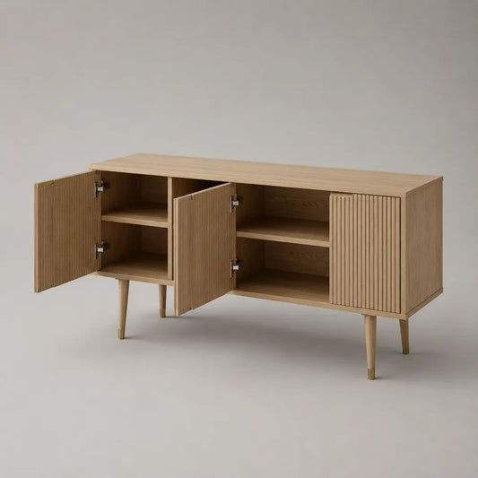 Mobile TV in legno con 3 ante scanalate e ripiani interni, rovere naturale, 150 x 40 x 75 cm