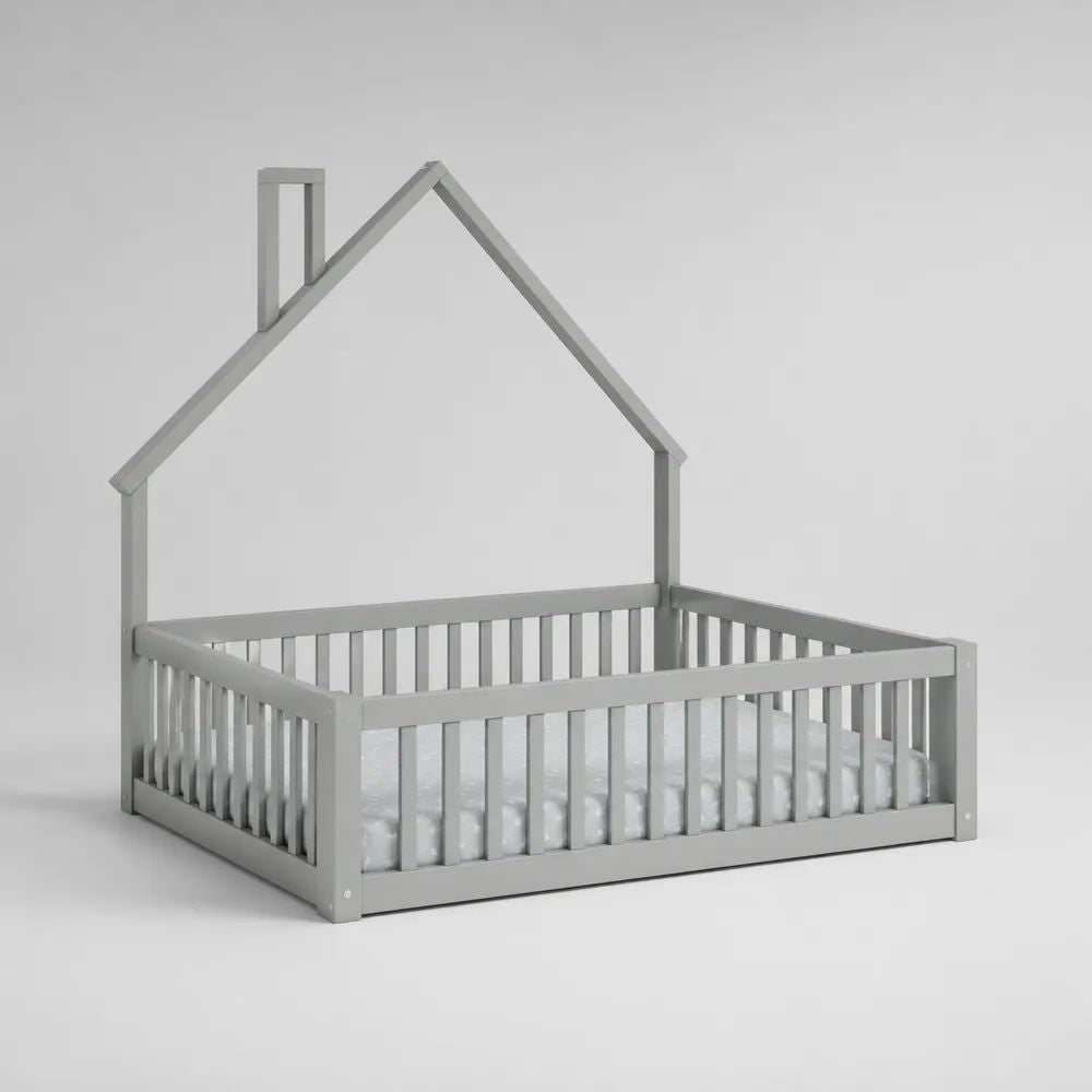 Letto per bambini a casetta 90 x 200 cm in pino massello grigio con sponde e rete a doghe