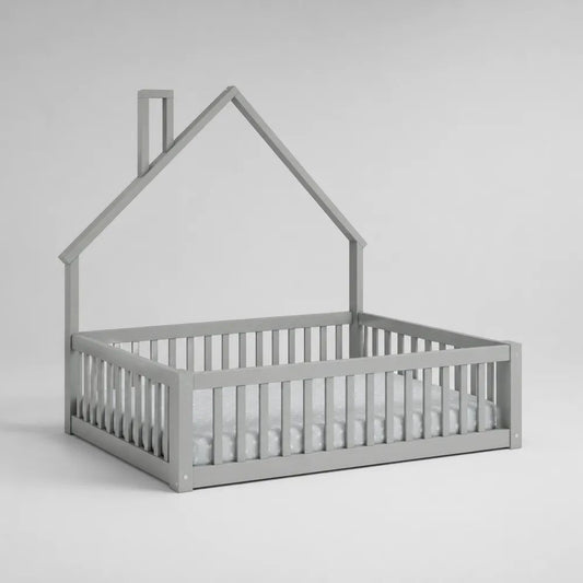 Letto per bambini a casetta 90 x 200 cm in pino massello grigio con sponde e rete a doghe