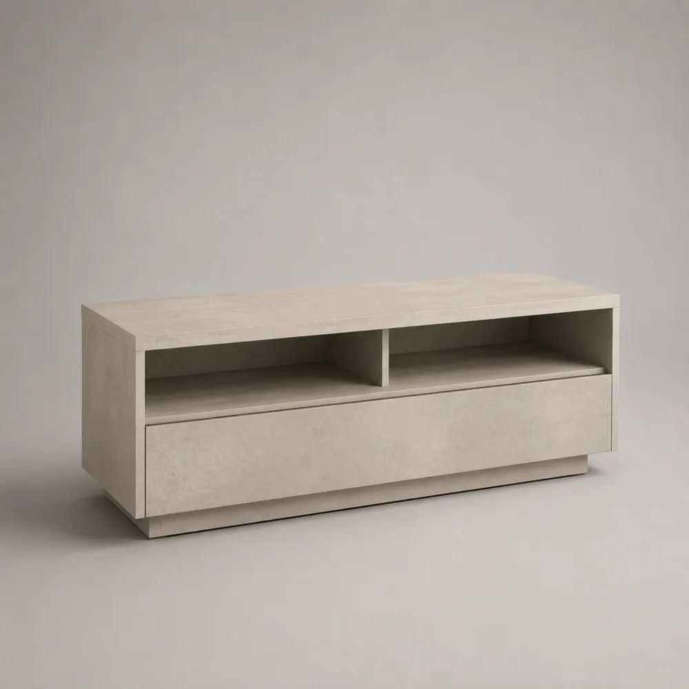 Mobile TV in pannello truciolare melaminico effetto pietra beige con anta a ribalta e 2 vani aperti, 120 × 40 × 55 cm