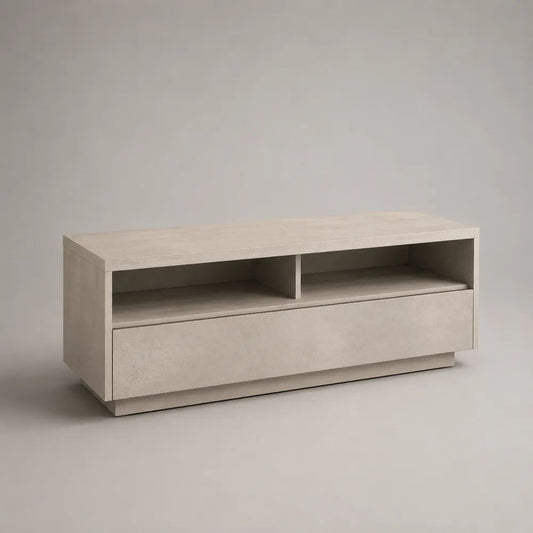 Mobile TV in pannello truciolare melaminico effetto pietra beige con anta a ribalta e 2 vani aperti, 120 × 40 × 55 cm