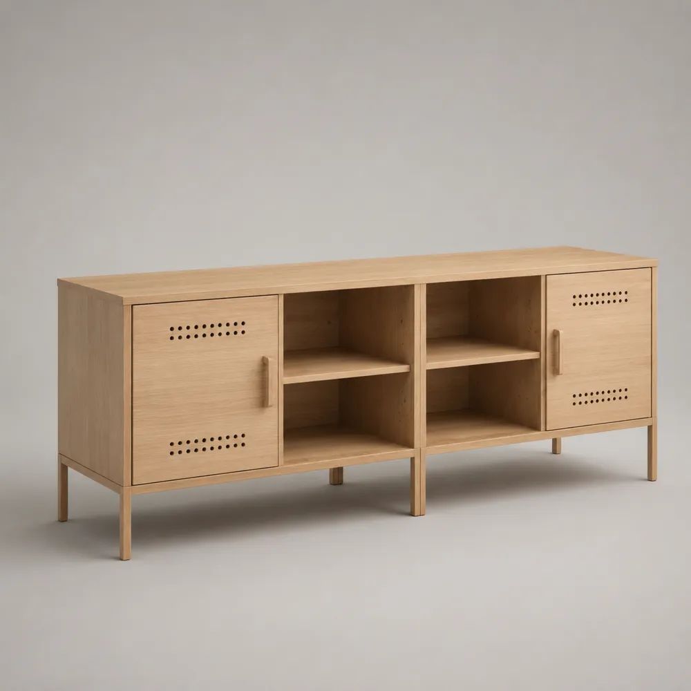 Mobile TV rettangolare in MDF impiallacciato rovere naturale con 2 ante e 4 vani, 160 x 40 x 75 cm