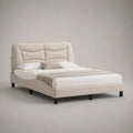 Letto matrimoniale imbottito in poliestere beige con piedini neri, testiera alta e rete a doghe, 178 × 220 × 112 cm, materasso 160 × 200 cm