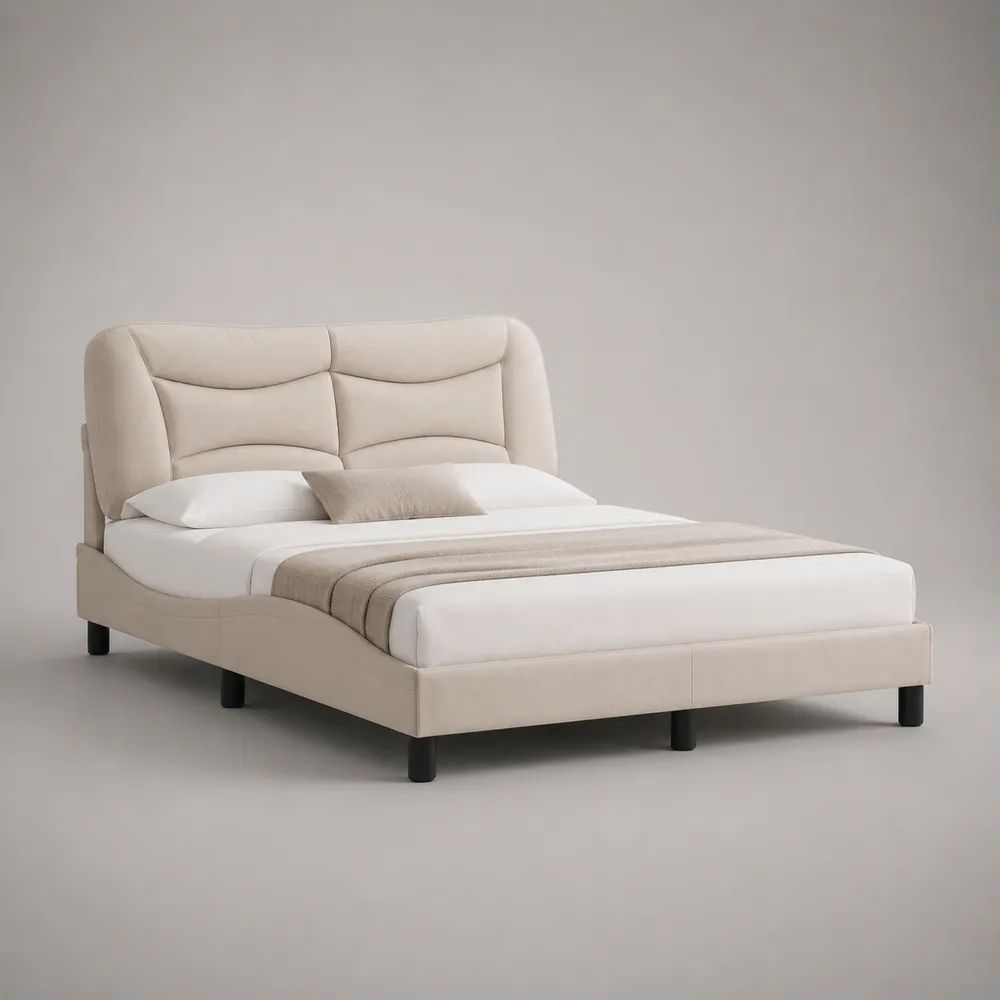 Letto matrimoniale imbottito in poliestere beige con piedini neri, testiera alta e rete a doghe, 178 × 220 × 112 cm, materasso 160 × 200 cm