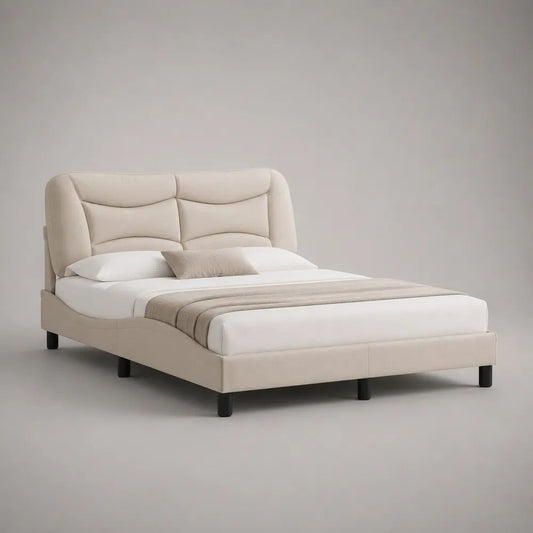 Letto matrimoniale imbottito in poliestere beige con piedini neri, testiera alta e rete a doghe, 178 × 220 × 112 cm, materasso 160 × 200 cm