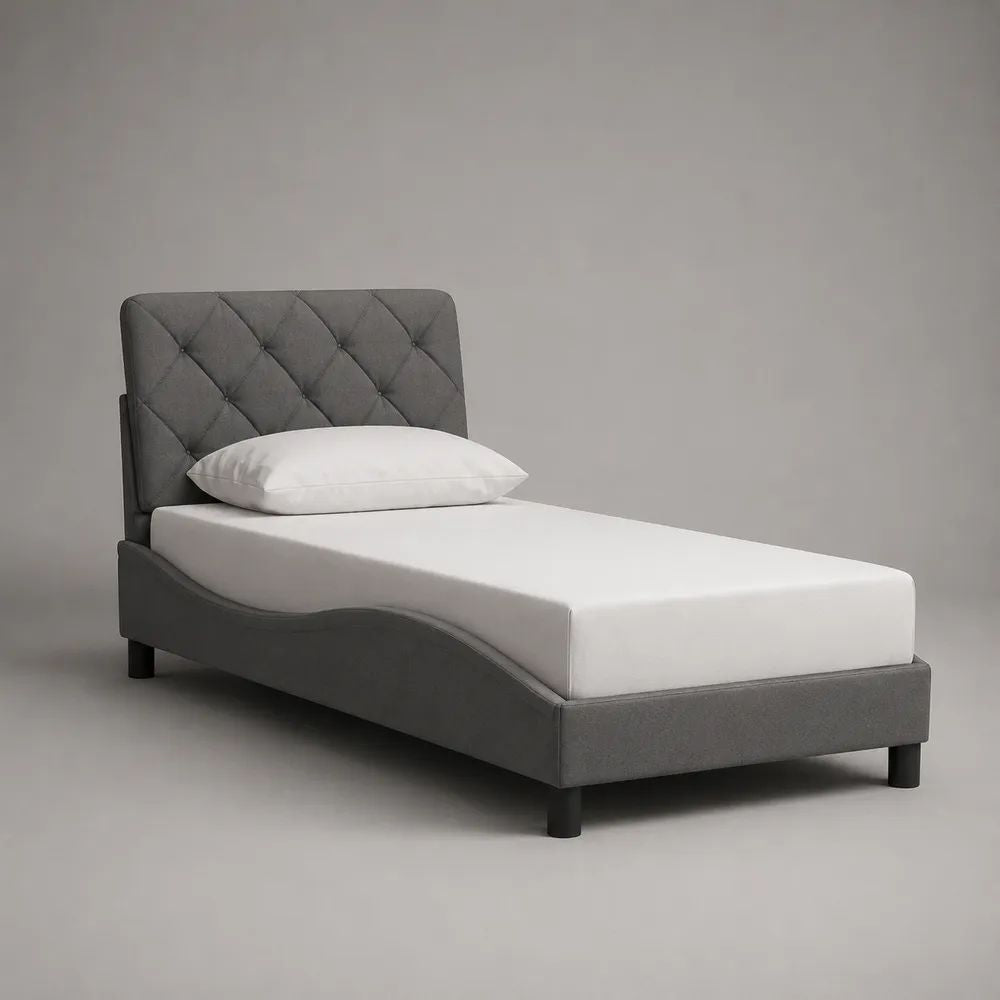 Letto singolo imbottito grigio in poliestere con testiera capitonné, rete 90 x 200 cm, dimensioni 101 x 211 x 110 cm