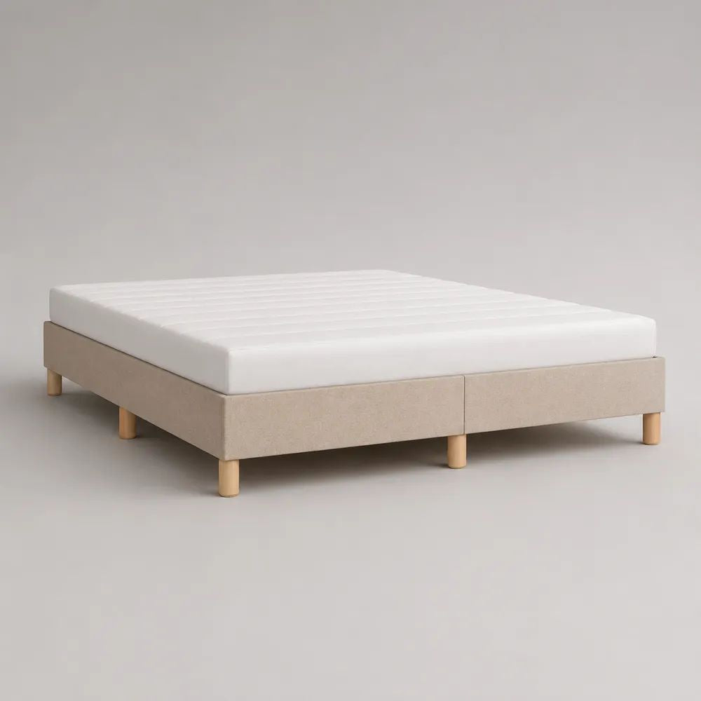 Letto matrimoniale imbottito con materasso in schiuma e struttura in legno, beige e bianco, 160 × 200 cm