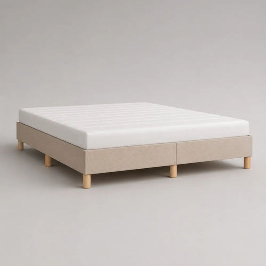 Letto matrimoniale imbottito con materasso in schiuma e struttura in legno, beige e bianco, 160 × 200 cm