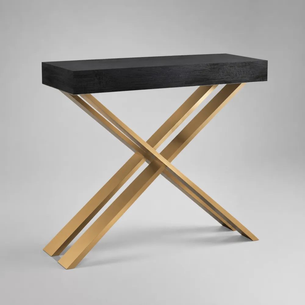 Consolle rettangolare in legno MDF e acciaio Nero/Oro, 110 x 35 x 80 cm