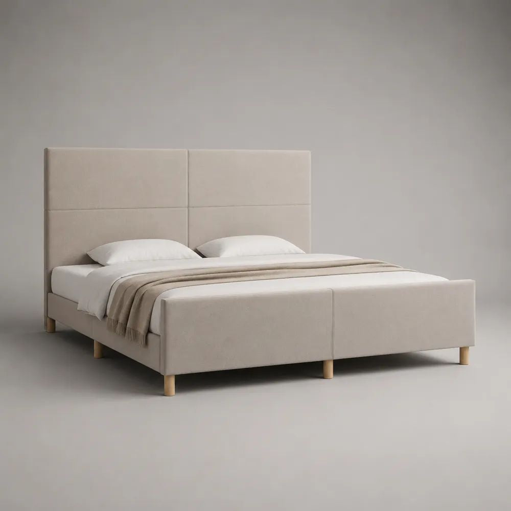 Letto matrimoniale imbottito beige chiaro 160 x 200 cm con testiera alta e rete a doghe, 220 x 176 x 120 cm