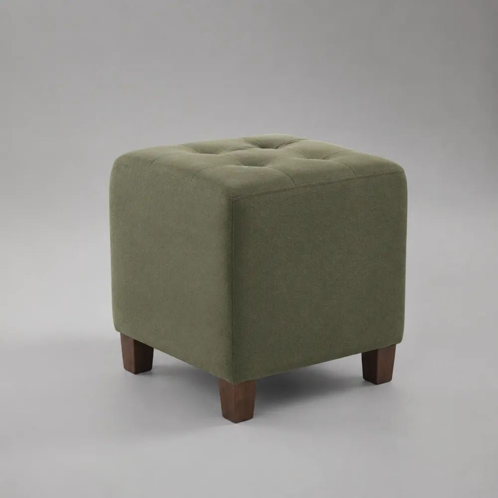 Pouf poggiapiedi quadrato imbottito in tessuto verde oliva con gambe in legno, 40 x 40 x 43 cm