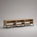 Mobile TV basso in pannello truciolare e acciaio, Rovere naturale/Nero, 200 x 35 x 55 cm