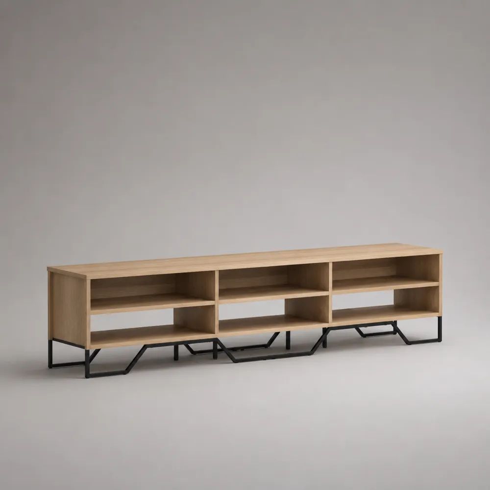 Mobile TV basso in pannello truciolare e acciaio, Rovere naturale/Nero, 200 x 35 x 55 cm