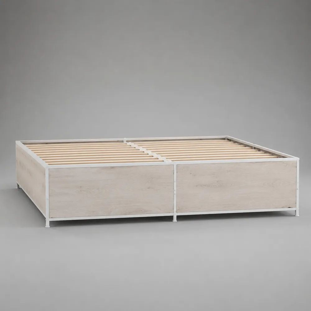 Struttura letto matrimoniale 180 x 200 cm in acciaio e MDF con rete a doghe, rovere sbiancato e bianco
