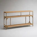 Consolle rettangolare da ingresso a 3 ripiani in MDF impiallacciato e acciaio, marrone naturale e bronzo, 150 × 35 × 85 cm