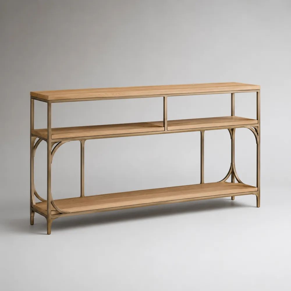 Consolle rettangolare da ingresso a 3 ripiani in MDF impiallacciato e acciaio, marrone naturale e bronzo, 150 × 35 × 85 cm