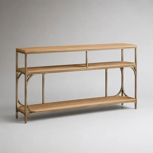 Consolle rettangolare da ingresso a 3 ripiani in MDF impiallacciato e acciaio, marrone naturale e bronzo, 150 × 35 × 85 cm