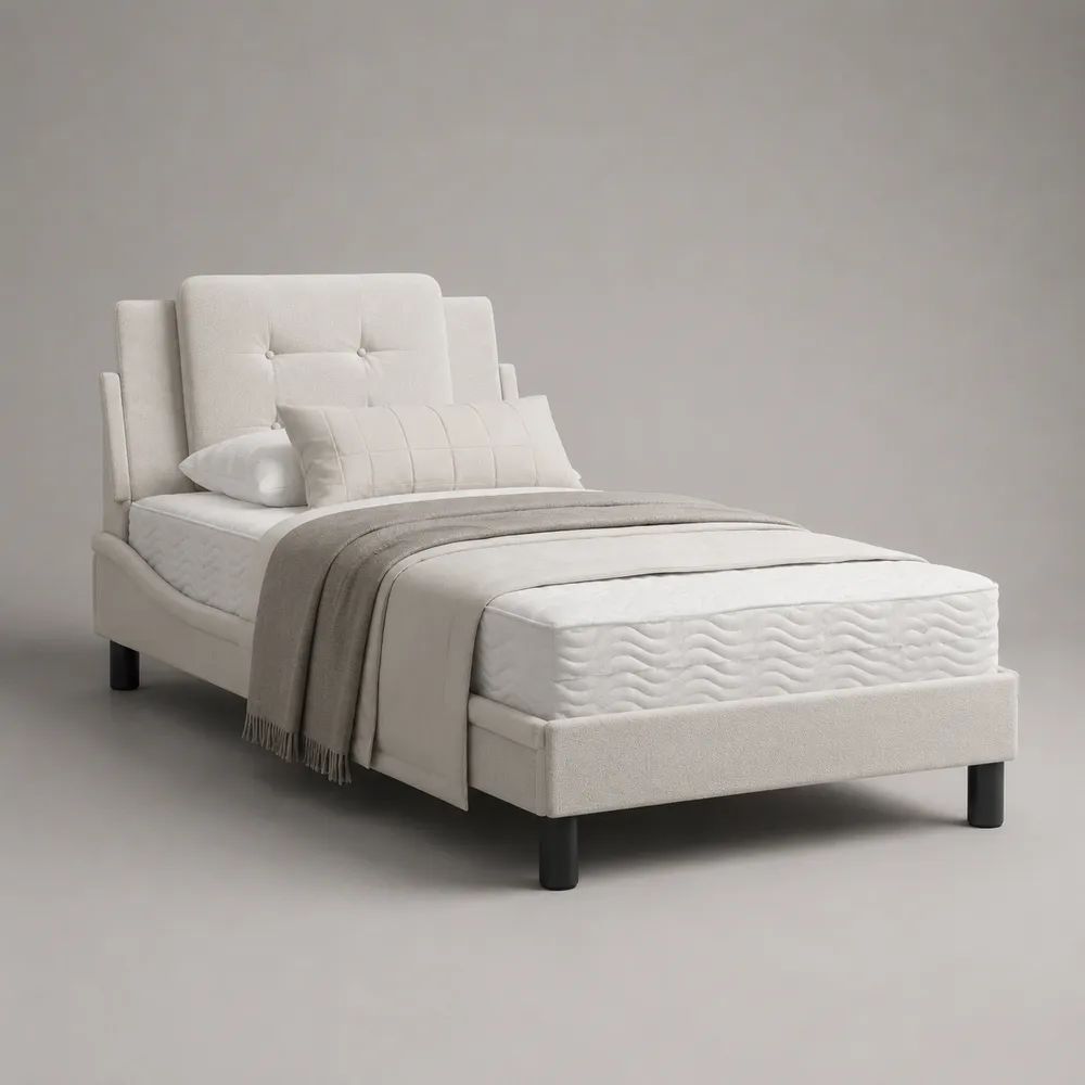 Letto singolo imbottito bianco 90 × 200 cm con rete a doghe e testiera trapuntata in tessuto