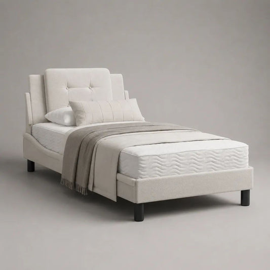 Letto singolo imbottito bianco 90 × 200 cm con rete a doghe e testiera trapuntata in tessuto