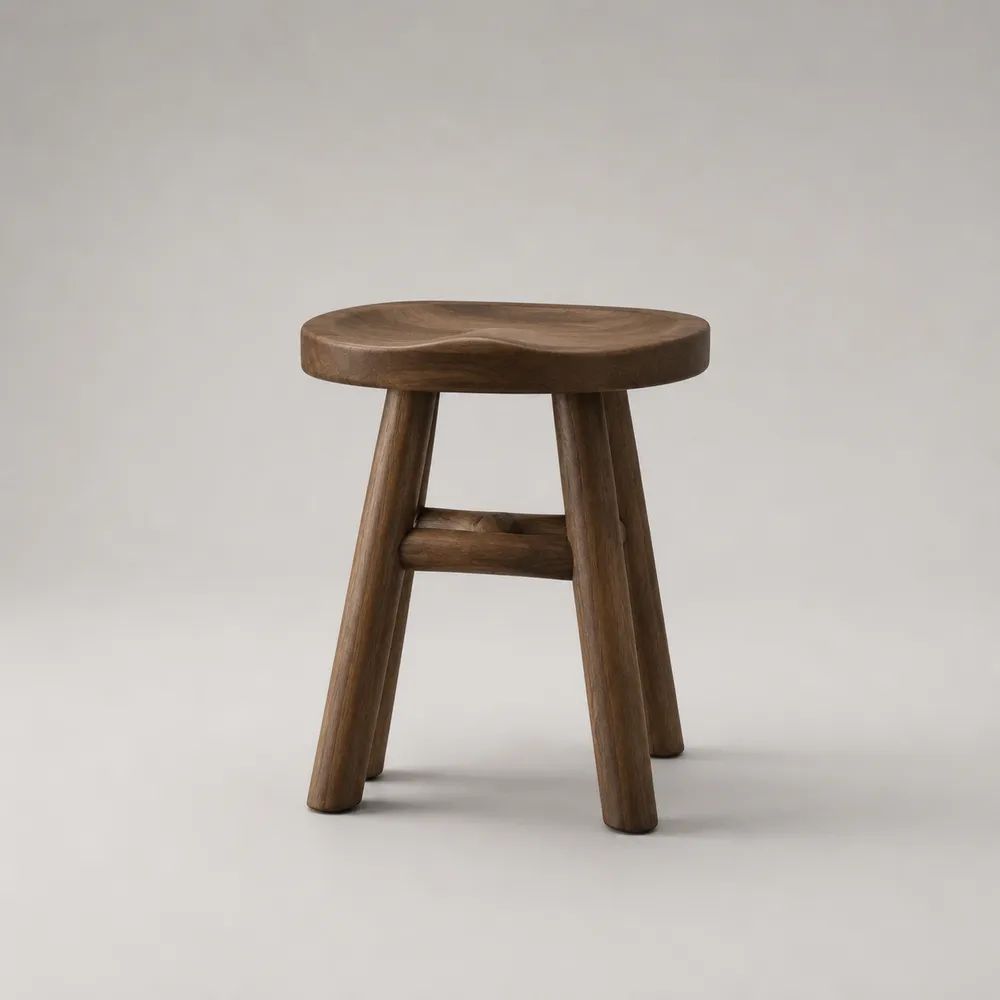Sgabello basso in legno massello di acacia marrone con seduta sagomata, 40 x 30 x 45 cm