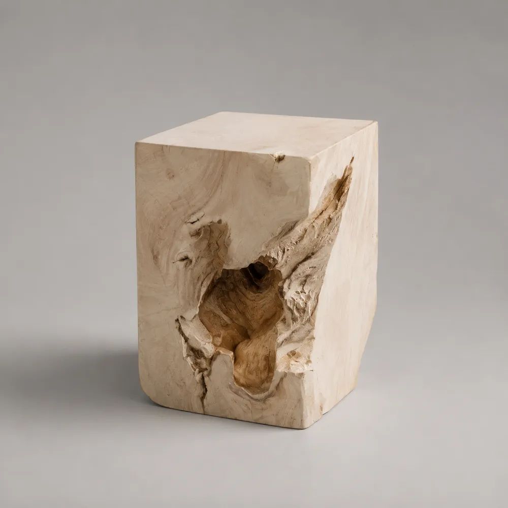 Tavolino monoblocco in radice di teak massello bianco naturale 35 x 35 x 45 cm
