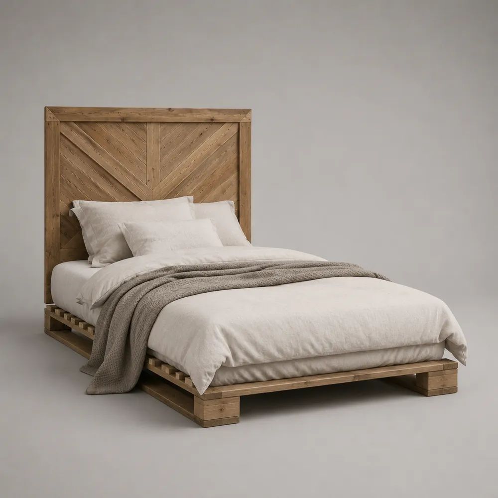 Letto matrimoniale rettangolare in legno massello marrone con rete a doghe e testiera, materasso 160 × 200 cm