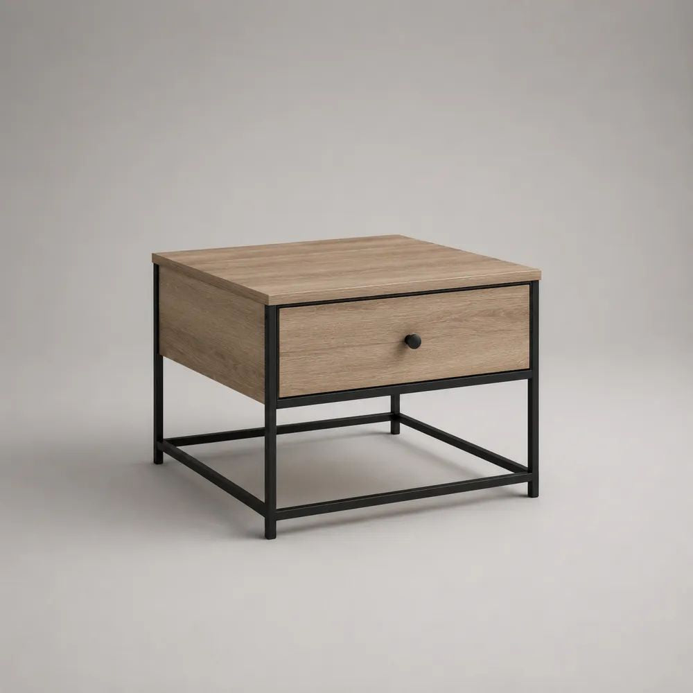 Tavolino quadrato con cassetto in legno e metallo, rovere naturale e nero, 50 x 50 x 50 cm