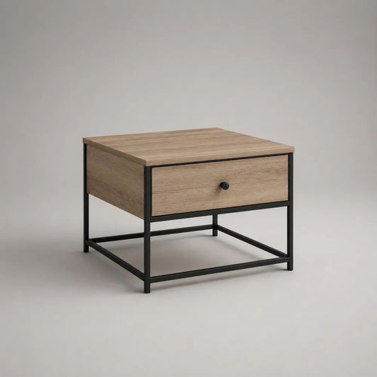 Tavolino quadrato con cassetto in legno e metallo, rovere naturale e nero, 50 x 50 x 50 cm