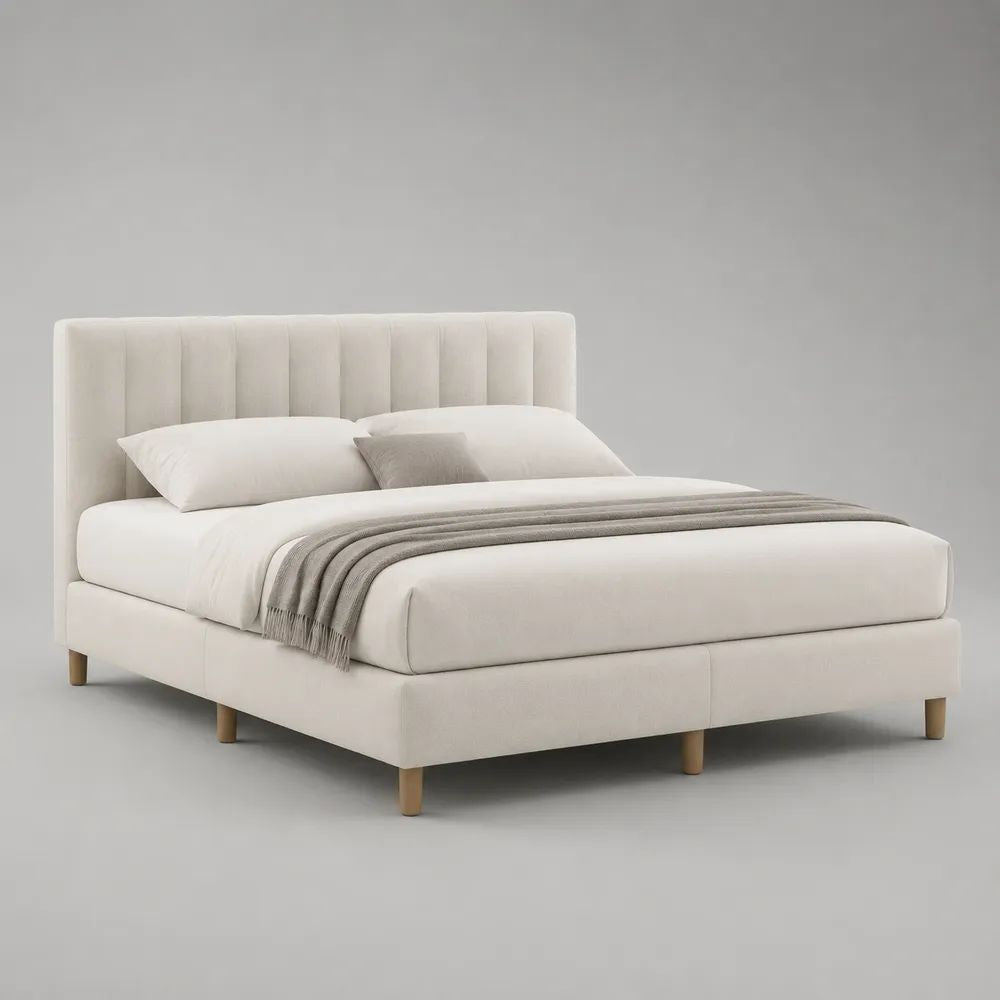 Letto matrimoniale imbottito in velluto crema 160 x 200 cm, dimensioni 174 x 215 x 112 cm, con testiera a pannelli verticali