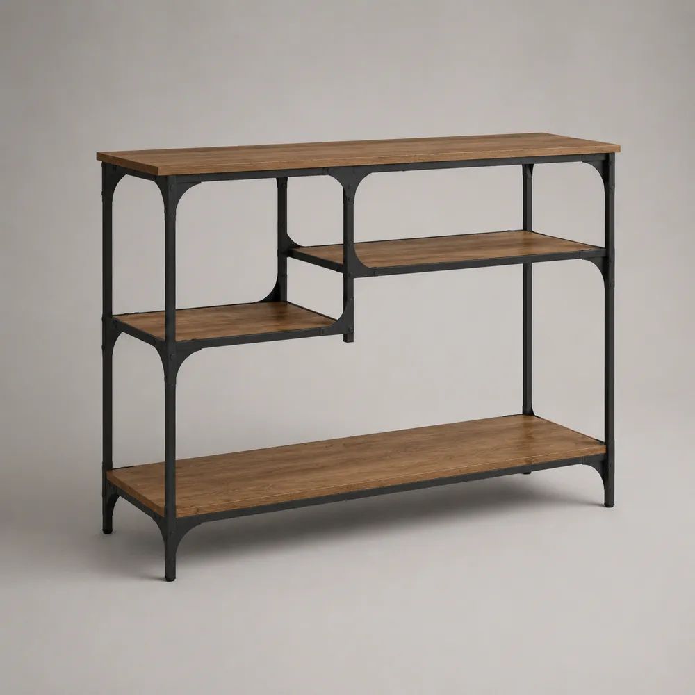 Consolle da ingresso rettangolare con 3 ripiani in MDF laminato e struttura in acciaio, marrone e nero, 120 x 35 x 90 cm