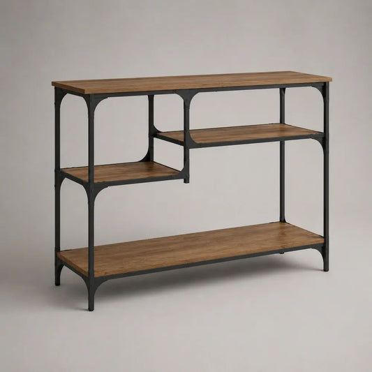 Consolle da ingresso rettangolare con 3 ripiani in MDF laminato e struttura in acciaio, marrone e nero, 120 x 35 x 90 cm